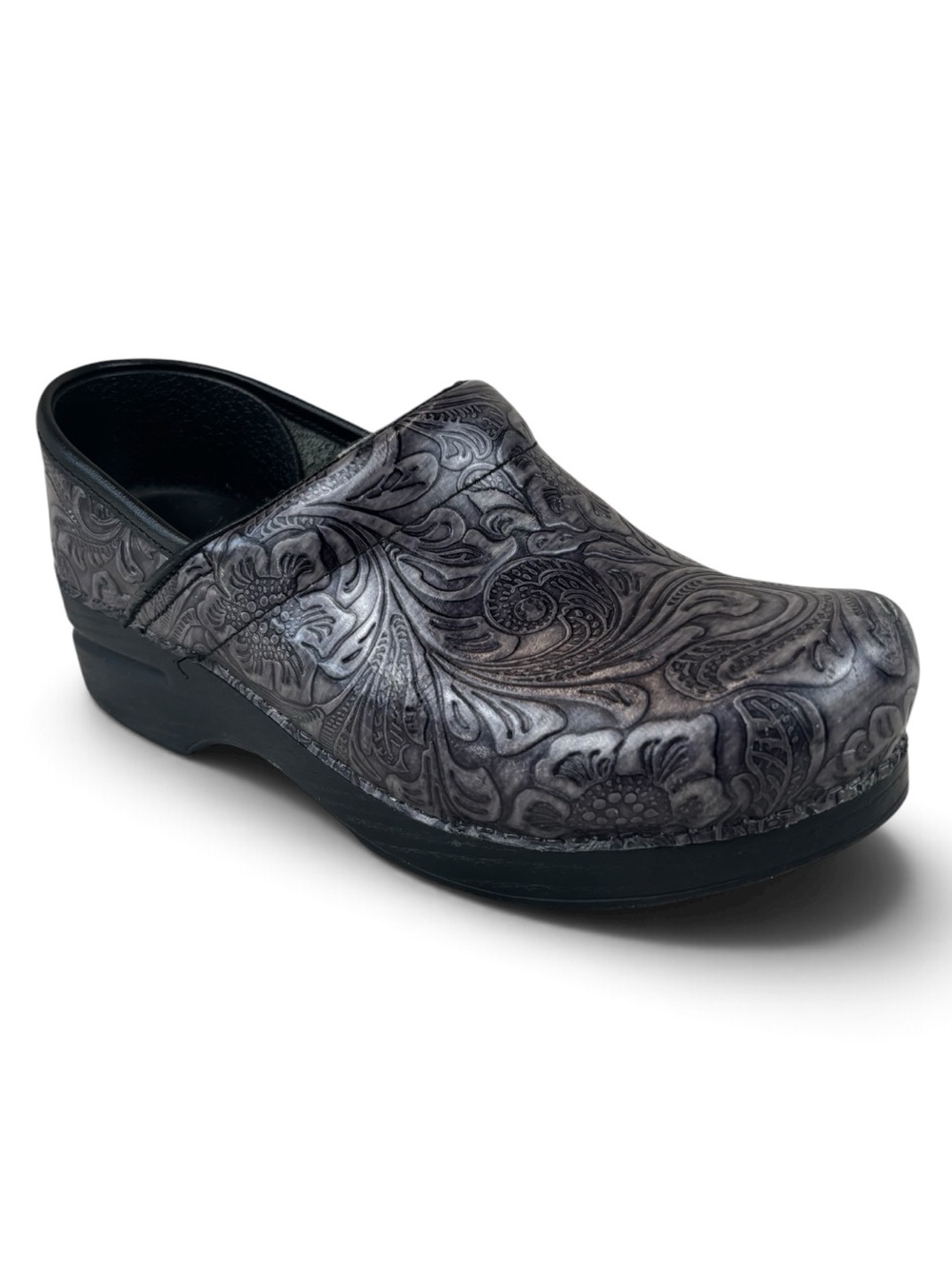 Dansko Clogs Black Gray Silver Tooled Paisley Womens Size 6.5 W / EU 37 Slip-On